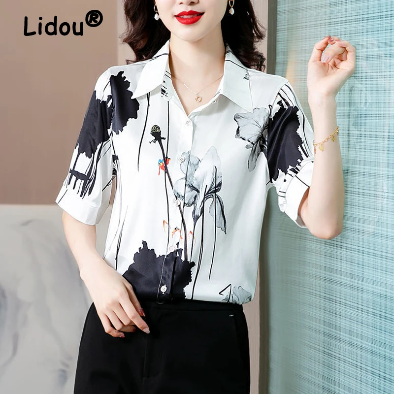 Women Clothing Silk Flower Print Vintage Button Shirts Summer Elegant Fashion Office Lady Blouse Simple Casual Short Sleeve Tops