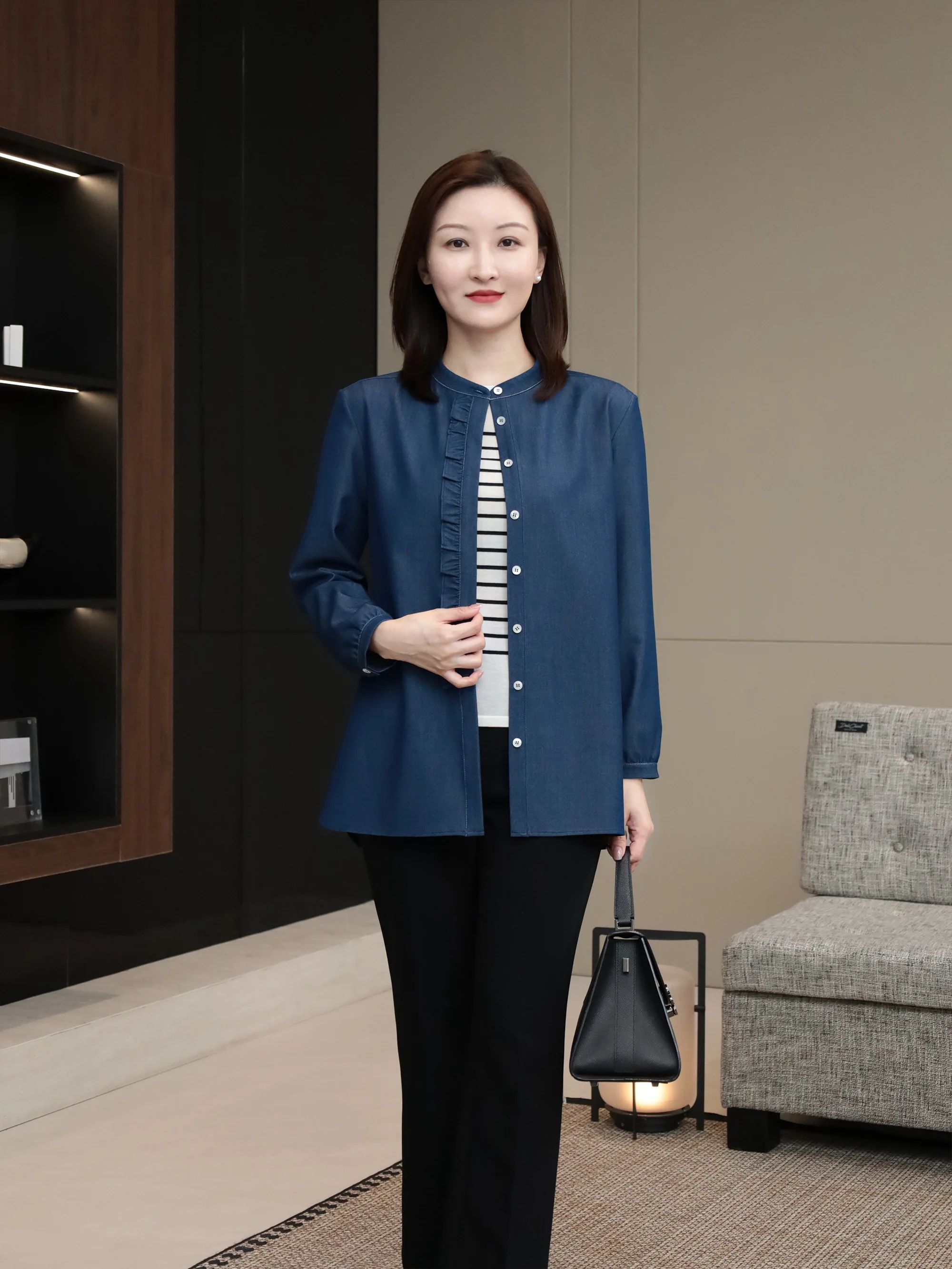 

Elegant Chicat Commute Style Denim Shirt with Wood Grain Small Stand Collar Women's Long Sleeve Breathable Polyester