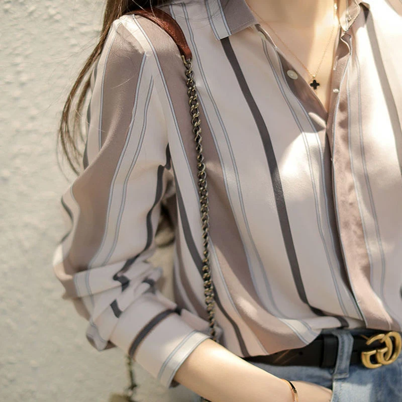 Female Clothing Casual Striped Single-breasted Blouse Spring Autumn Long Sleeve Fashion Turn-down Collar All-match Chiffon Shirt