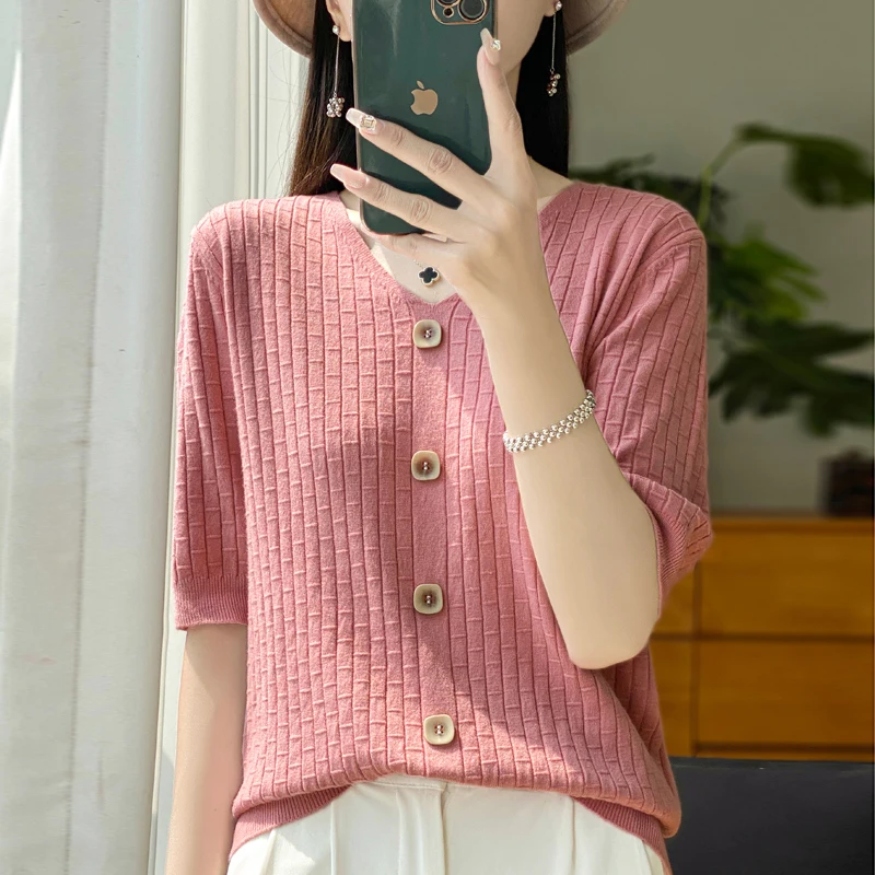 2024 Spring and Summer Women Cashmere Short sleeve V-Neck  Pullover High Quality Elegant Cashmere short sleeves Women