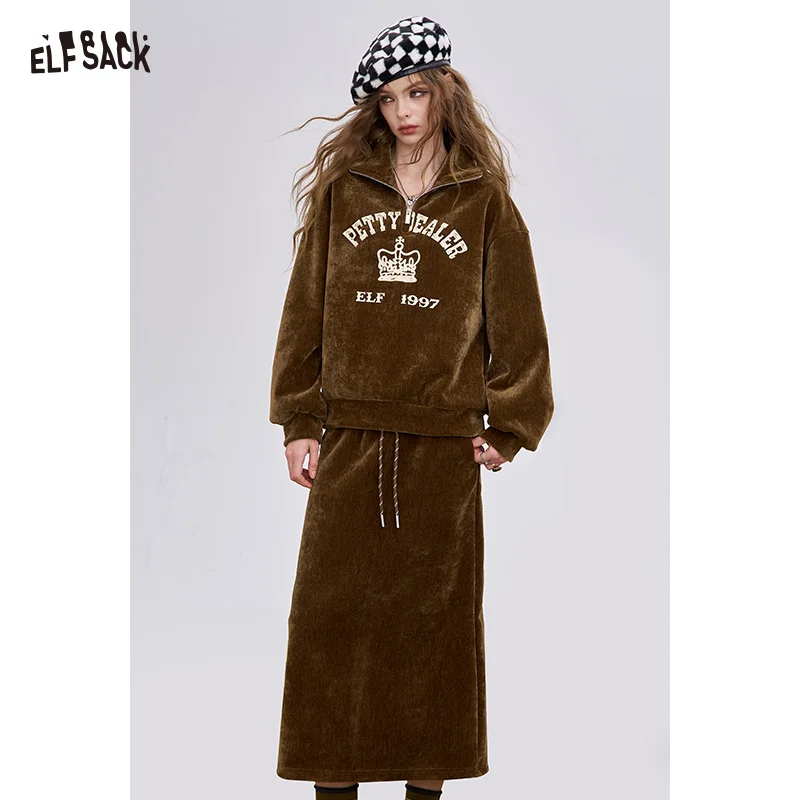 

ELFSACK 2025, зимние новые поступления, минималистичный повседневный свитшот с графическим рисунком, однотонная полуюбка, комплект для женщин