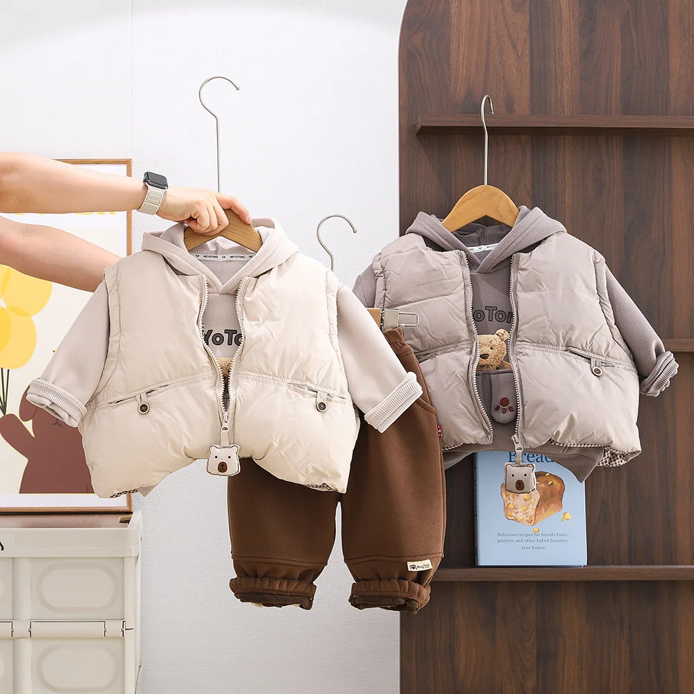 New Winter Boys Fleece Set - 3-Piece Warm Vest & Hoodie & Pants for Kids Girls Thickened Outfits Toddler Clothing