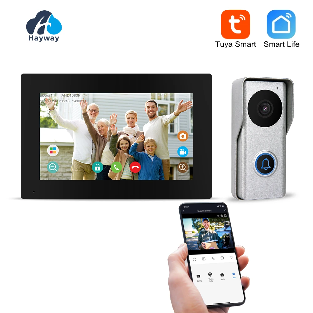 Tuya-Système d\'interphone vidéo intelligent à écran tactile IPS, entrée de porte WiFi, accès téléphonique avec caméra de sonnette 1080P 110 ° FHD, 7