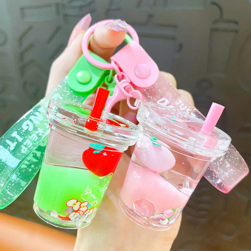 Creative Milk Tea Drift Bottle Keychain Liquid Peaches Oranges Blueberries Pendant Keyring Couple Bags Key Chains Accessories