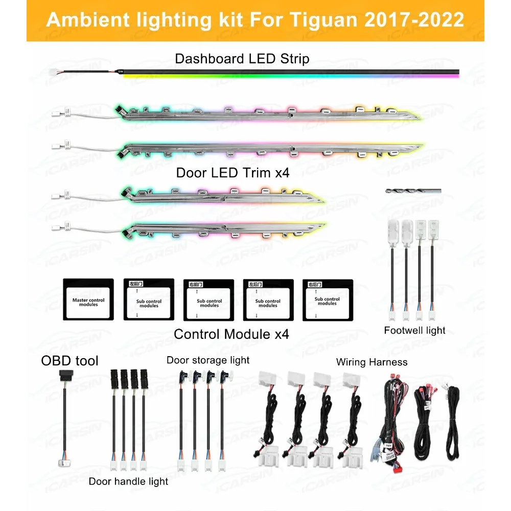 

Комплект обновления окружающего освещения автомобиля для Volkswagen Tiguan 2017-2022 гг., внутренняя светодиодная подсветка, отделка двери