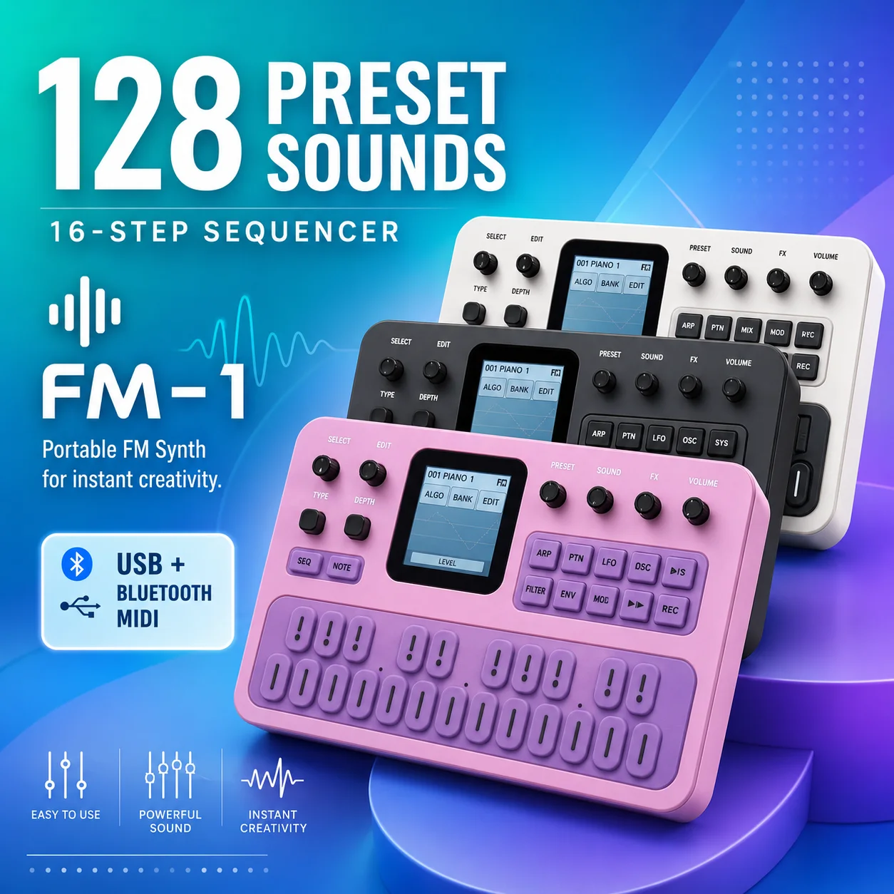 M-VAVE FM-1 Portable FM Synthesizer 6-Operator 32-Algorithm 128 Presets Built-In Speaker 12H Battery Bluetooth MIDI Effect Pedal
