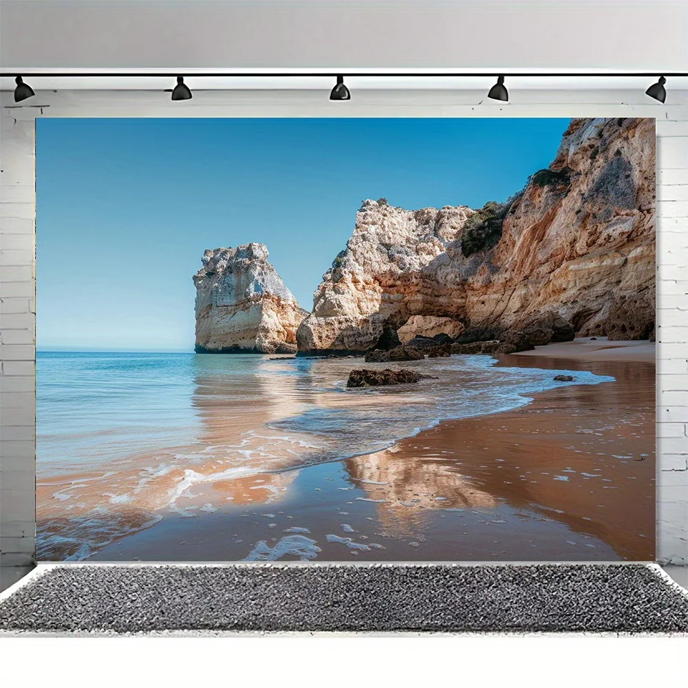 2D плоский баннер, 1 шт. Приморский пейзажный фон - пляжные скалы, горы, морской пейзаж, баннер