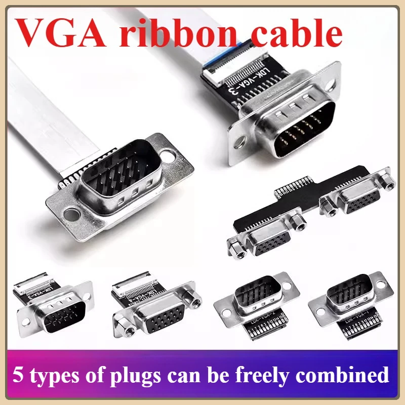 

1PCS DIY VGA Ultra-thin Flexible Ribbon Cable VGA Male to Ffemale Plug 90 Degree Right Angle Elbow Computer Connection Monitor