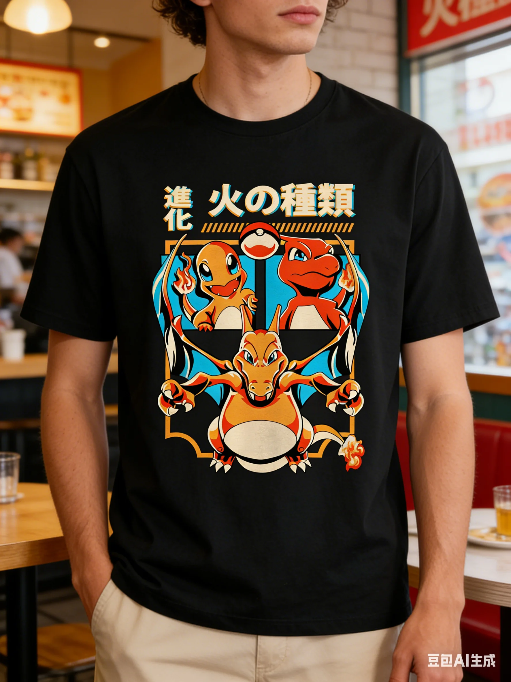 Camiseta holgada de algodón de alta calidad, Pokemon Charmander Charizard, evolución tipo fuego, tres dragones, estampado en la espalda, informal