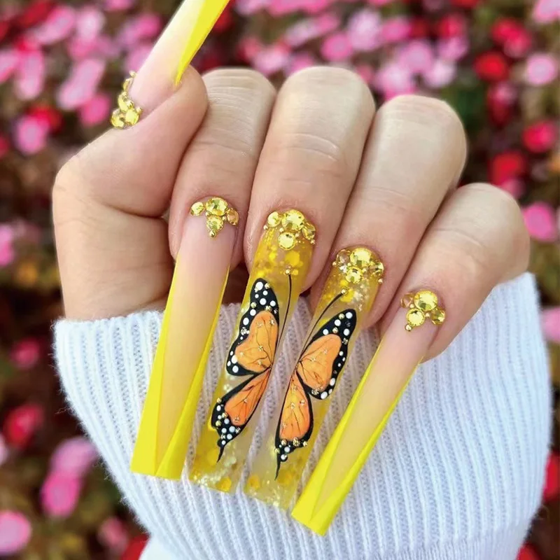 

24Pcs Ultra long ballet False Nail Yellow beveled butterfly rhinestone Wearable Manicure Press ON Nails Solid