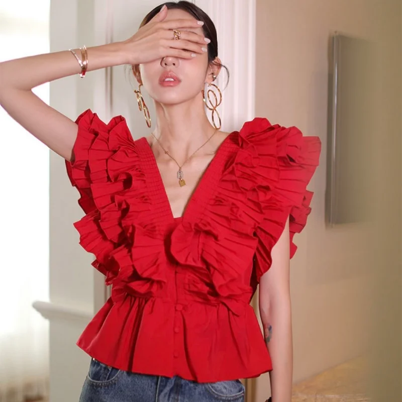 

Fashion Summer Shirts for Women Chic Red Flying Sleeves Ruffled V-neck Blouse 2023 New Feminie Doubleside Pleated White Tops