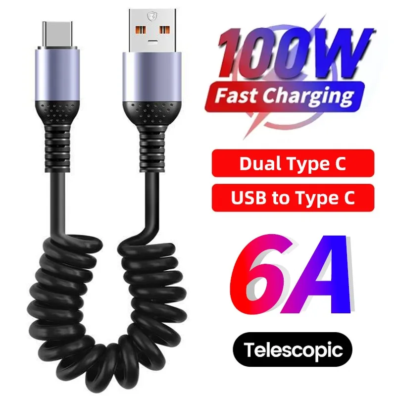 Car Spring Data Cord 100W 6A USB C TO USBC Cable Super Quick USB Fast Charging Data Cable Wire for Mobile Phone Telescopic Cable