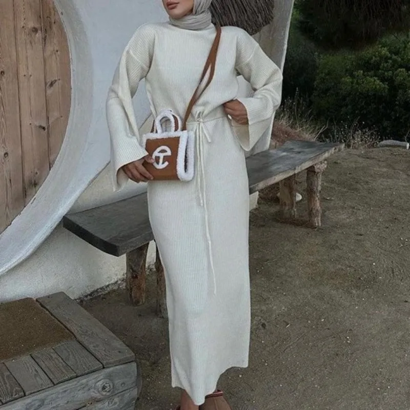 Talenza Knitted Bandage High Waist Long Dress Women\'s Solid Long Sleeve Sweater Dress Casual Pullover Elegant Knitted Long Dress
