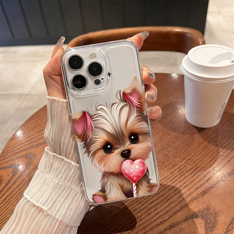 Funda Transparente Antigolpes para iPhone 17 Air 16E 16 15 14 11 Pro Max Plus 13 12 Mini 8 7 X con Diseño de Cachorro Yorkie de San Valentín