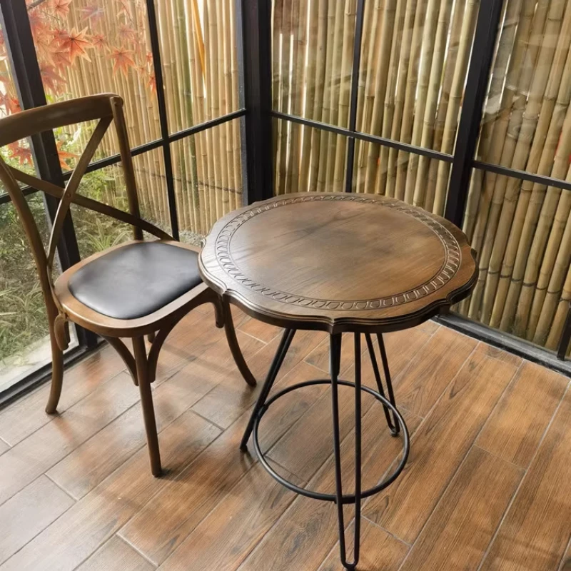 

Vintage Solid Wood Side Table Hand-Carved Round Coffee Table with Rise and fall for Living Room Boutique Hotel & Bar Counter