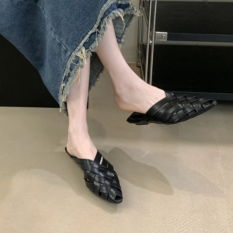 Bailamos Summer Women Slipper Fashion Weave Pointed Toe Slip On Ladies Mules Shoes Flat Heel Sandal Shoes Dress Slides Mujer