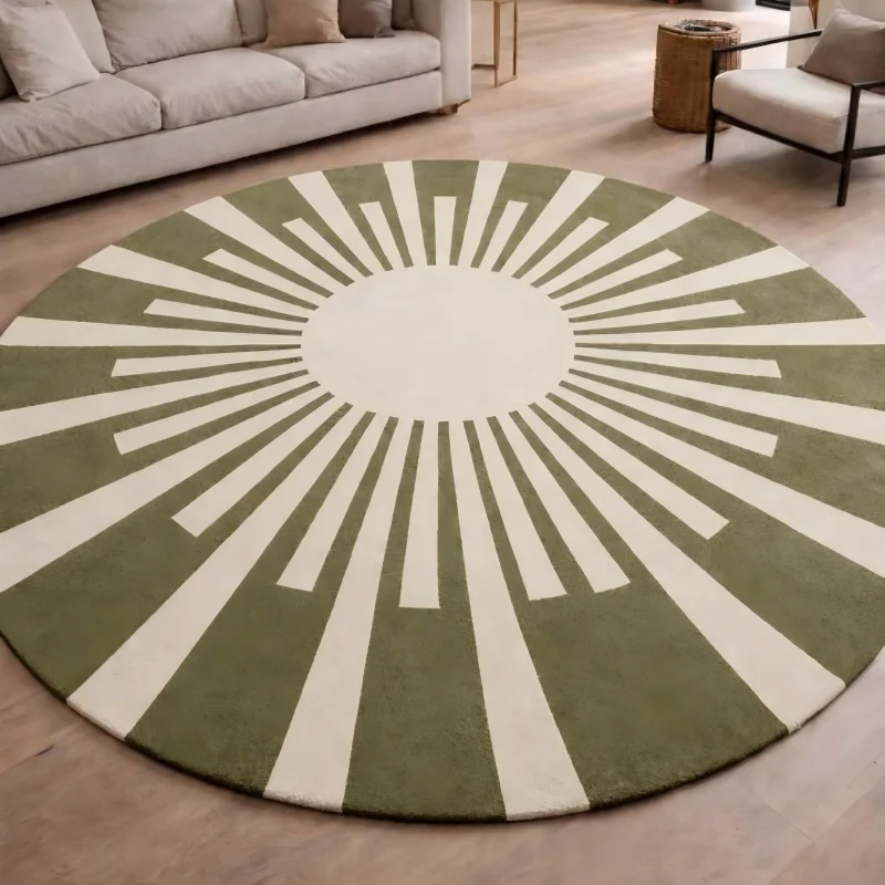 Mid Century Sunburst Pattern Round Rug Retro Green Solar Rays Circular Area Carpet