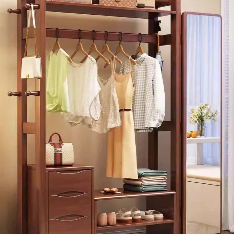 Coat rack Solid wood entrance fitting mirror Floor mirror Home bedroom Hanging clothes rack Integrated full body mirror