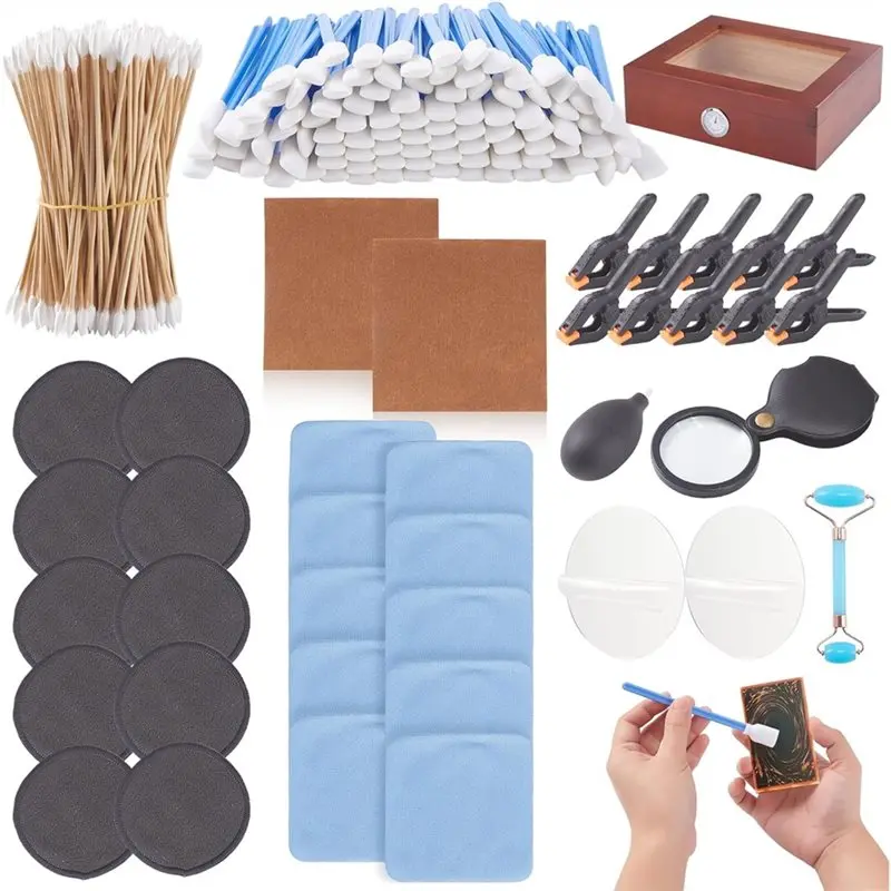 

【ЭФФЕКТИВНЫЙ】Набор для чистки карт (238 предметов) в деревянном футляре с двойным роликом, включая инструменты для ухода за картами, аксессуары для коллекционирования, прозрачный, для карт Clear Ac