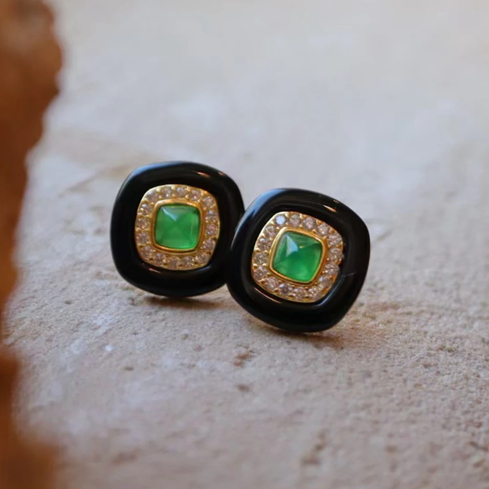 KQDANCE 925 Sterling Silver with Square Emerald Green Natural Stone Black Agate Stud Earrings Gold Plated Fine Jewelry For Women