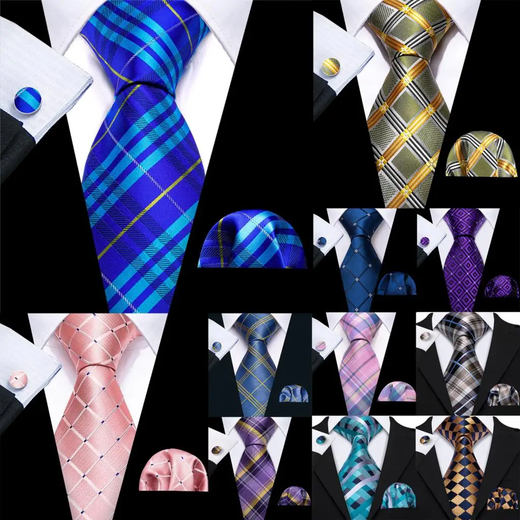 

Barry.Wang Plaid Silk Men Tie Hanky Cufflinks Set Checked Jacquard Necktie for Male Formal Casual Wedding Business Party Events