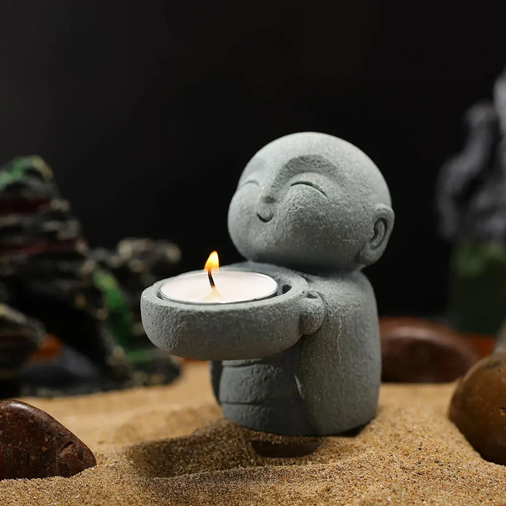 Minimalist Buddha Statue Candlestick Cute Little Monk Resin Buddha Figurine Decorative Collection Tea Light Holder