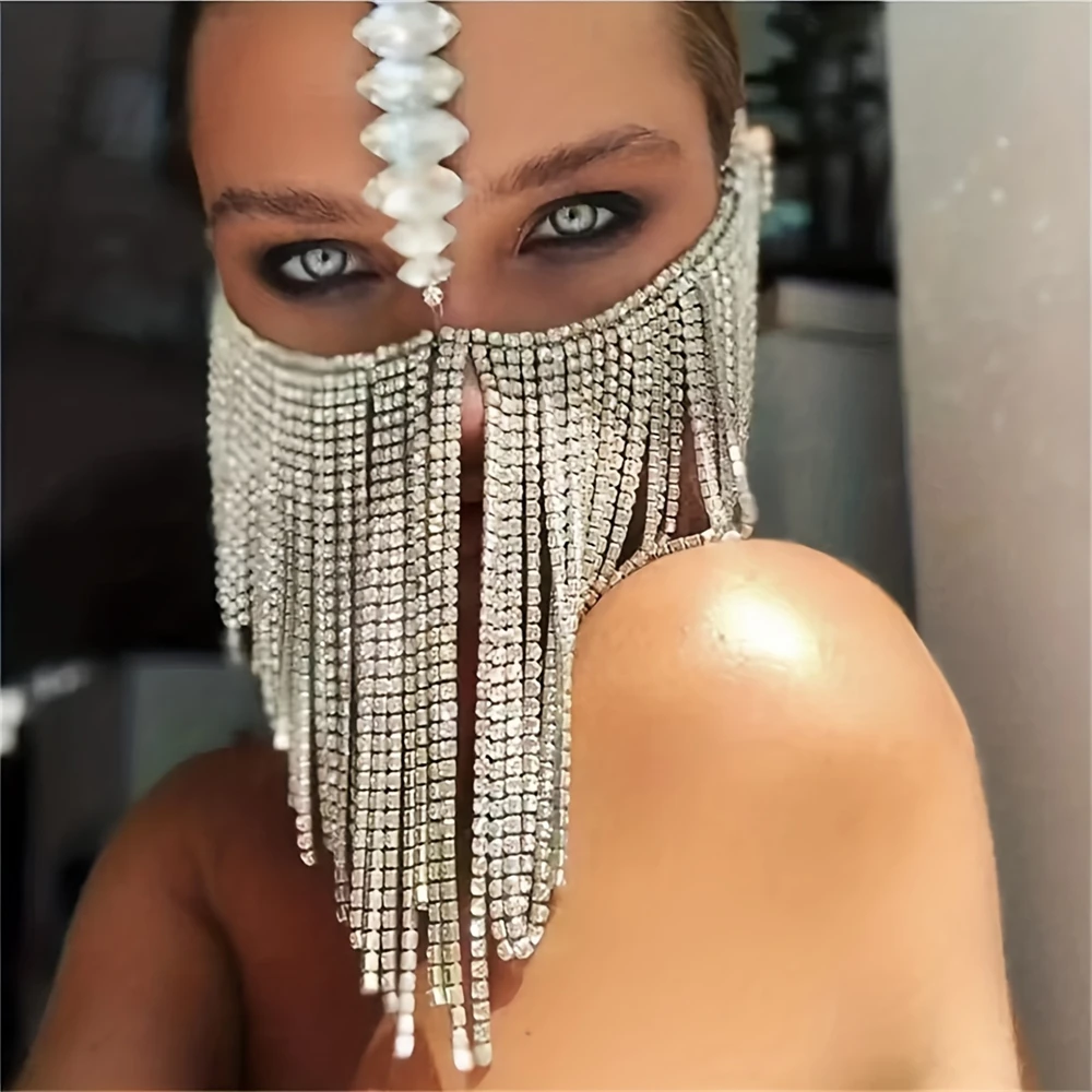 Exquisite Shiny Black Tassel Rhinestone Mask Jewelry Fashion Nightclub Party Crystal Jewelry Ball Dressing Accessories