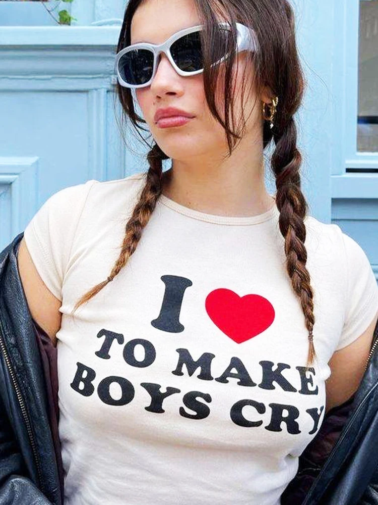 I LOVE TO MAKE BOYE CRY Aesthetic Letter Print Sexy Streetwear Women Crop Tops Y2k Clothes Casual Baby Tee Vintage Slim Sexy Tee