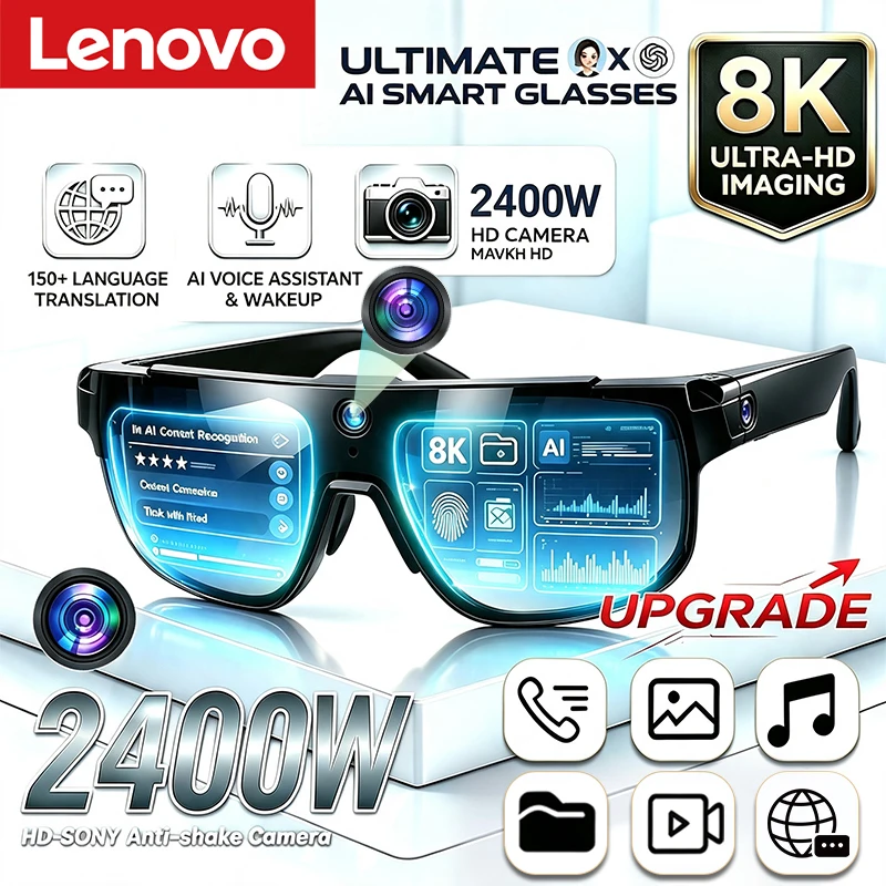 Lenovo AI Smart Glasses 2400W 8K HD Anti-shake Camera Cycling Photo&Video Sport Sunglasses Dual Mic 32GB Windproof Goggles 2026