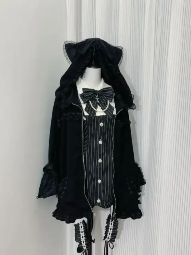 

Japanese Cute Harajuku Style Spicy Girl Cat Ear Cat Tail Sweet Hoodie Spring and Autumn Millennium Spicy Girl Bow Trendy Top