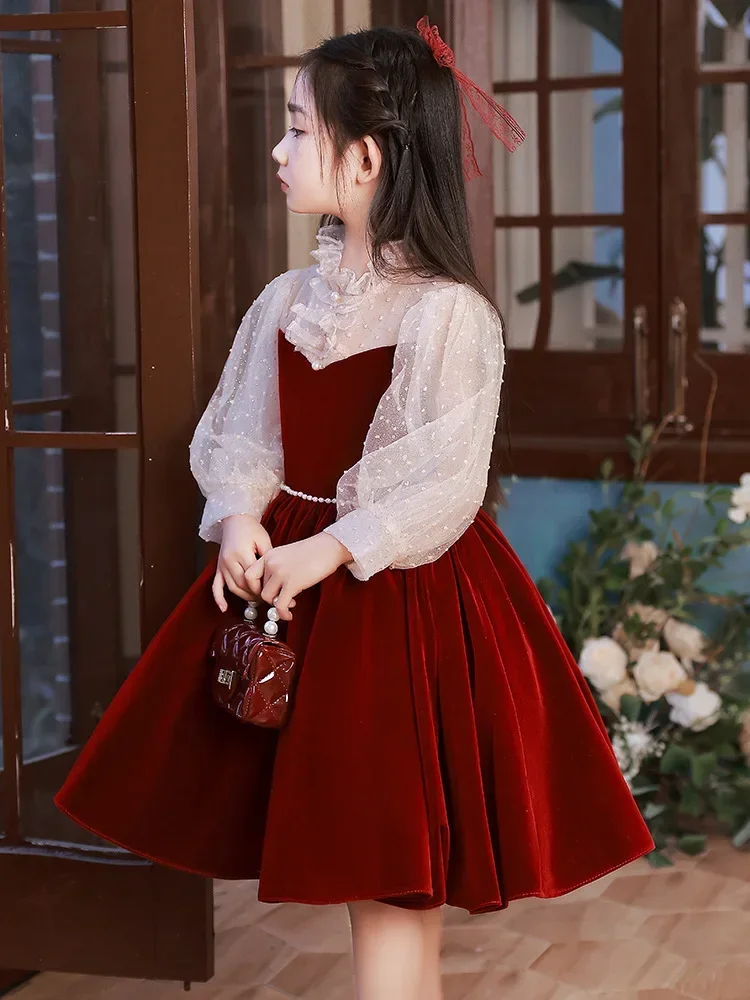 

New Luxury Evening Dress for Girls Children Beading Ball Gowns Children Piano Performance Costume Teenagers Elegant Red Vestidos