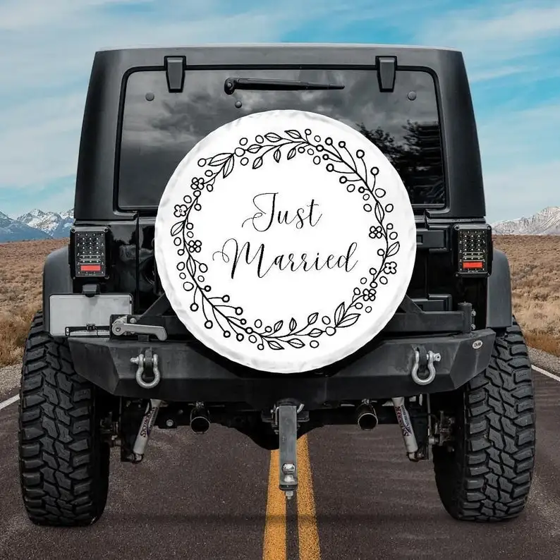 

Wedding Spare Tire Cover, White Tire Cover backup camera hole, Just Married Spare Tire Cover girl, Accessories, Wedding wheel