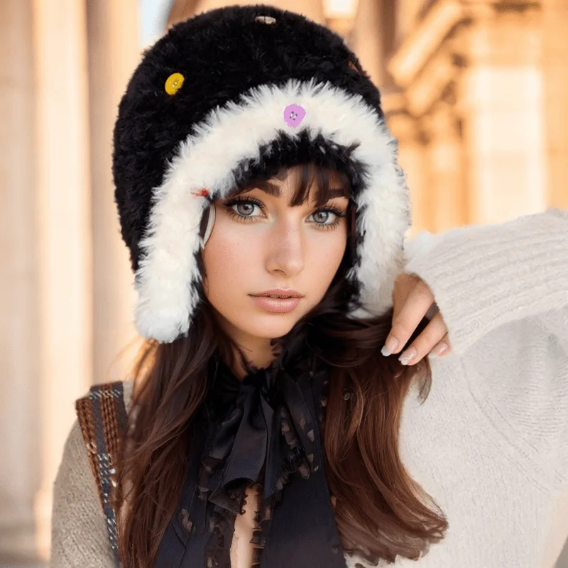 

Colorful Button Plush Beanie for Women Autumn Winter Thickened Warm Skull Cap with Color Block Design Knitted Hat
