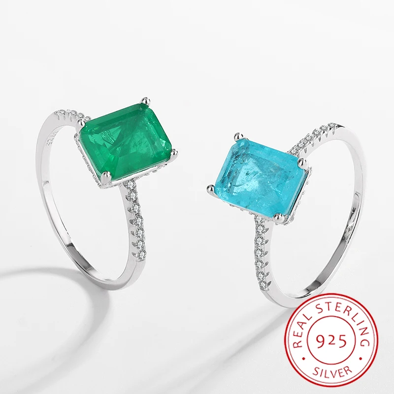 Fashionable and Simple Authentic S925 Silver Paraiba Emerald Four-claw Rectangular Ring Women's Versatile Gift Jewelry