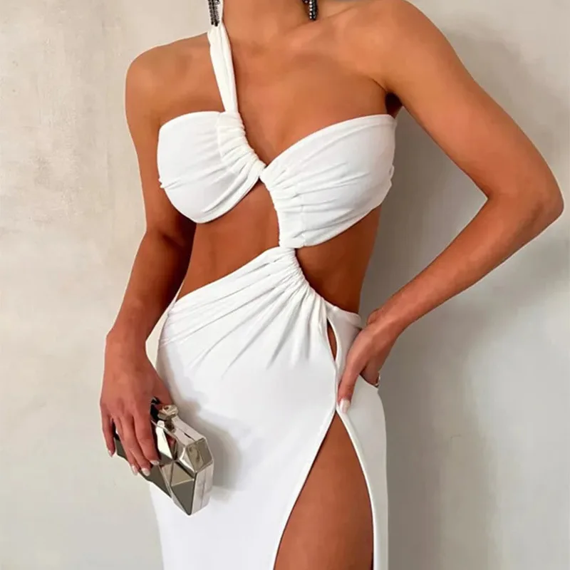 

2024 Women's Summer New Solid Color Sleeveless Slit Sexy Backless Irregular Dress