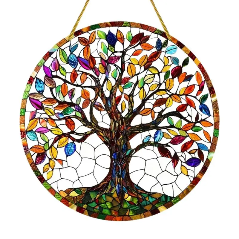 

Round Stained Glass Sun Catcher 2D Colorful Acrylic Tree Sign Decor Exquisite Round Colored Tree Sign Decorations Door Handle