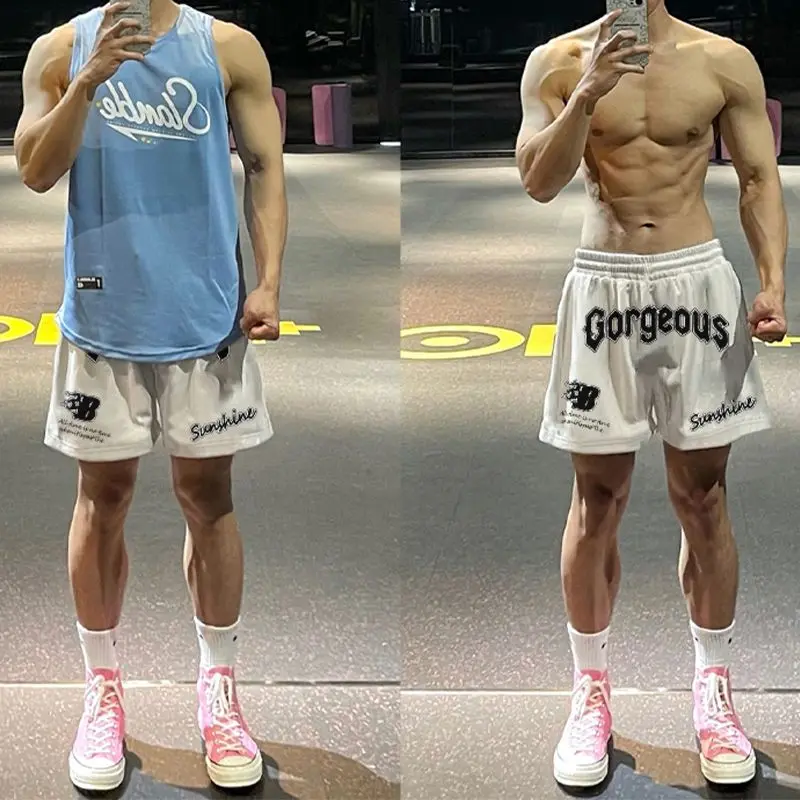 

American High Street Hiphop Letter Print Five-Point Sports Pants Men Summer Trendy All-Match Drawstring Straight Casual Pants