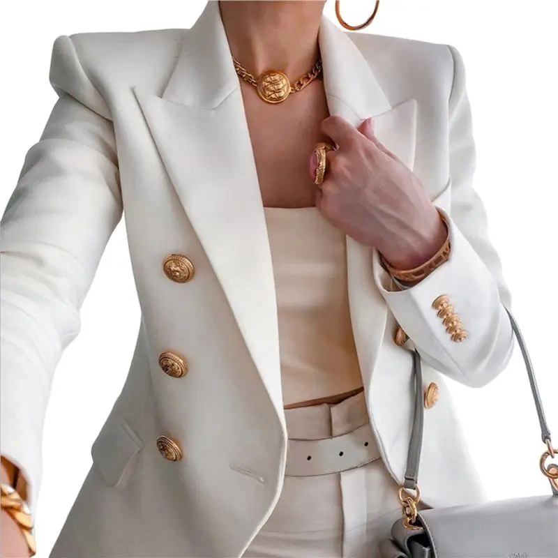 

AUAU-Женский повседневный блейзер с золотыми пуговицами, длинными рукавами, для работы и офиса, с отложным воротником, на открытой застежке