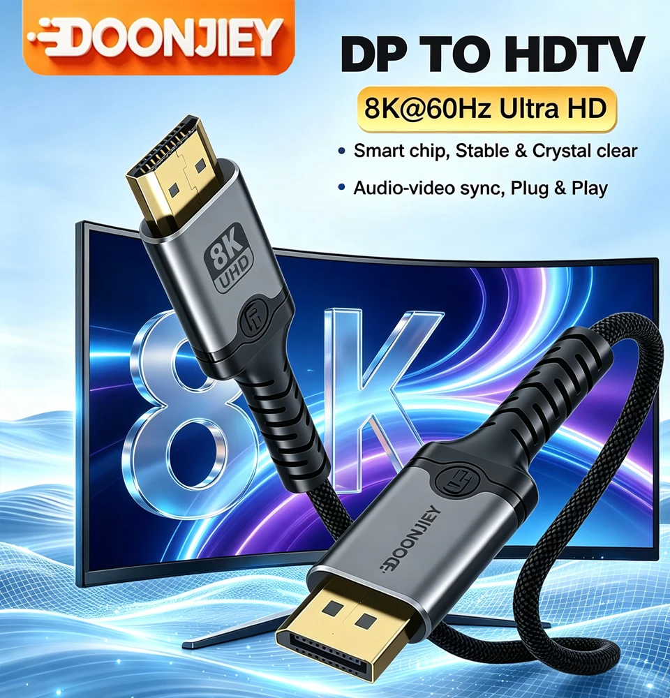 DOONJIEY DisplayPort to HDMI Cable Uni-Directional 8K DP Source Computer to HDMI Display Cord 4K for Laptops Monitor HDTV