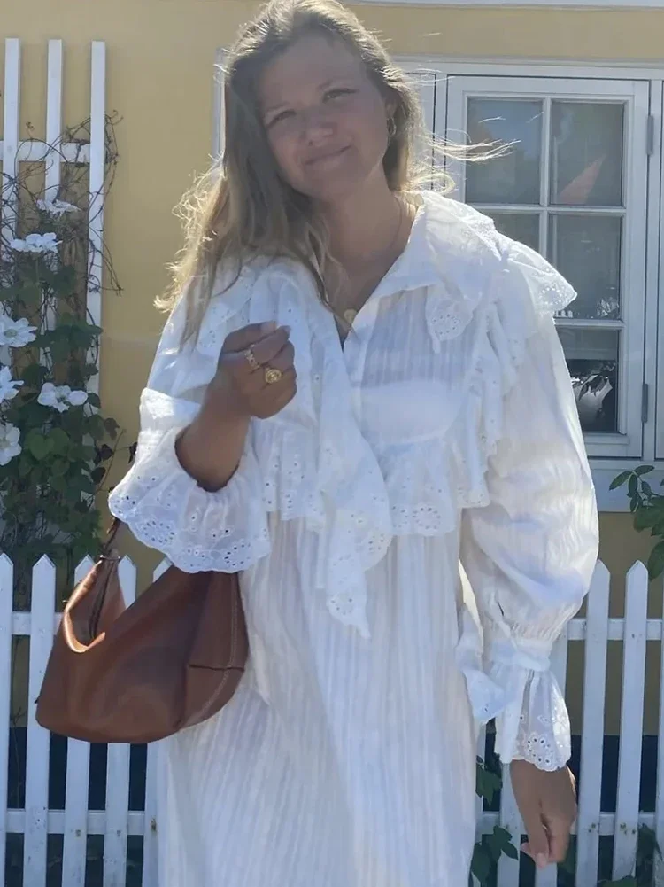Gypsylady Elegant Chic Lace Maxi Dress White Cotton Autumn Spring Long Sleeve Women Dresses Loose Hollow Out Holiday Vestidos