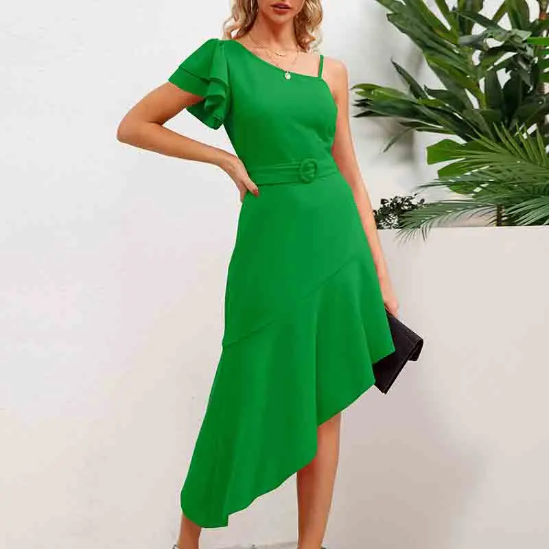 

High Waist Irregular Long Dress 2024 Summer New Solid Color Women's Clothing Hot Selling Lotus Leaf Suspender Dresses