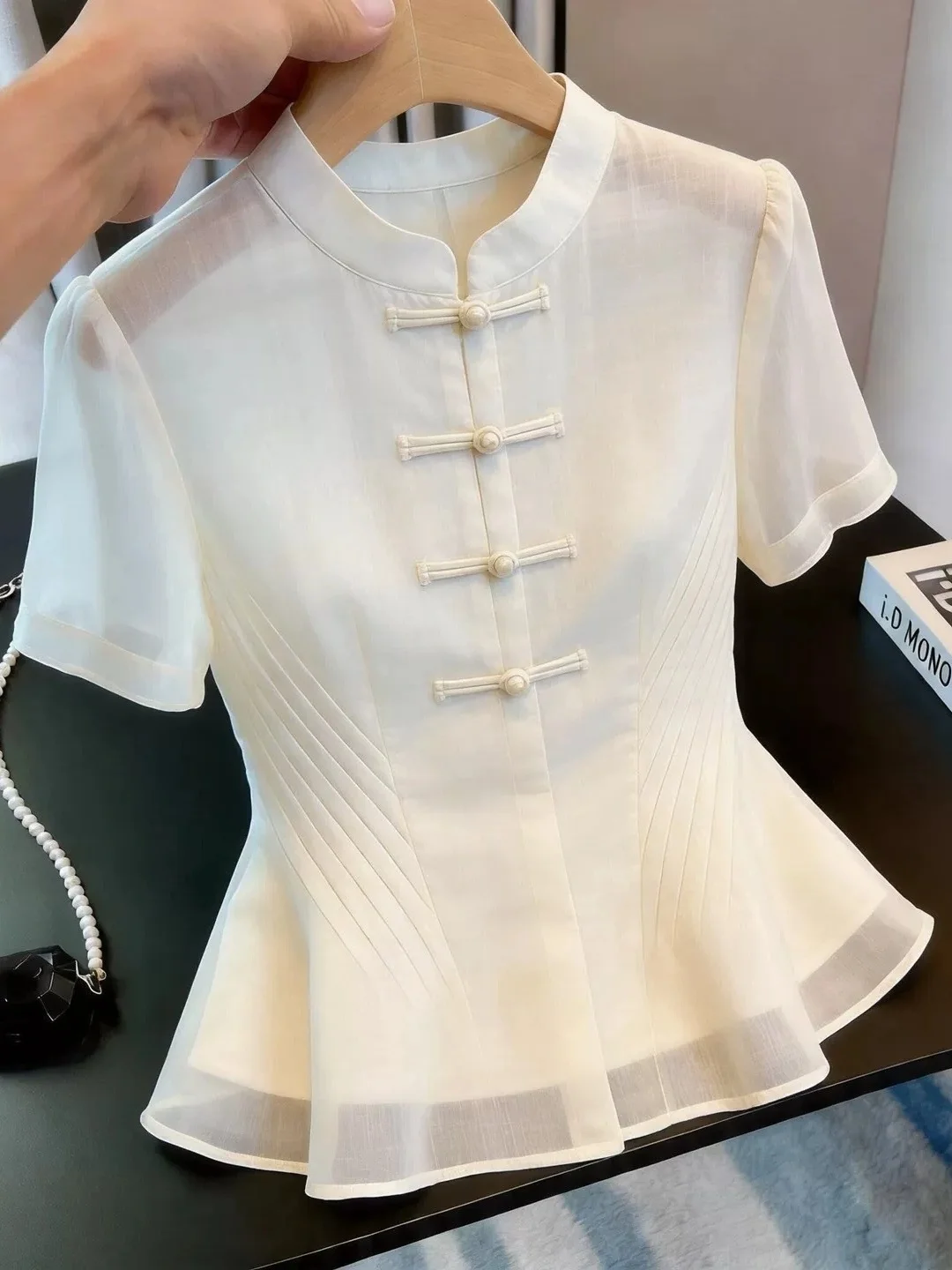 

Business Commute Summer Short Sleeve Shirt Women's Waist-Cinching Stand Collar Button-Up Simple Design Korean Style Top