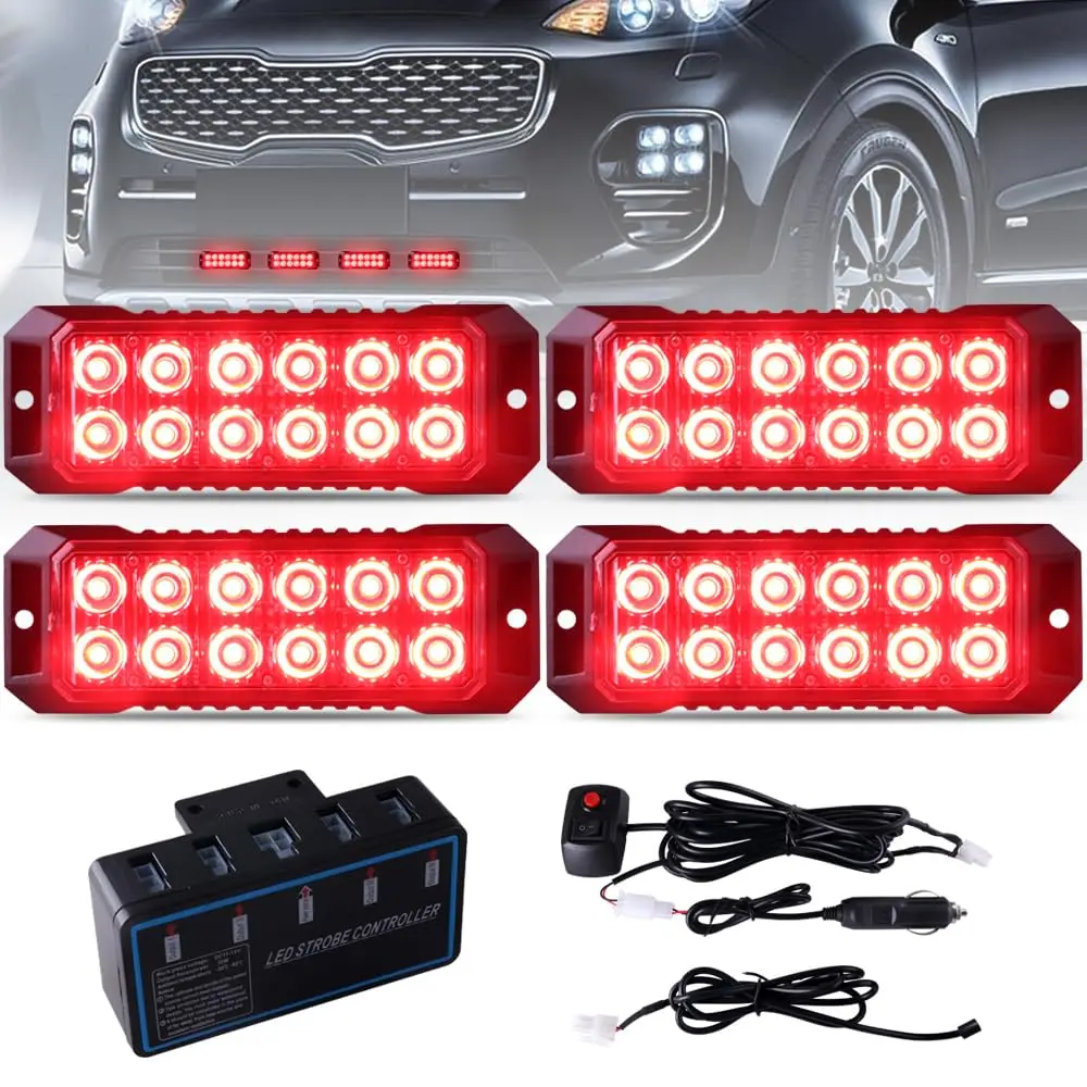 

4PCS 12-LED Strobe Warning Grille Lights For Trucks Car Van Off-road Vehicle ATV SUV Switch Control Flashing Amber Lamp 12V 24V