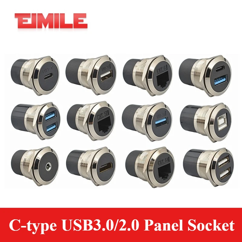 Metal Round Socket Module C Type RJ45 Straight Through Network USB2.0 USB3.0 Thread Connector Panel Mounting HDMI CAT6 Adapter
