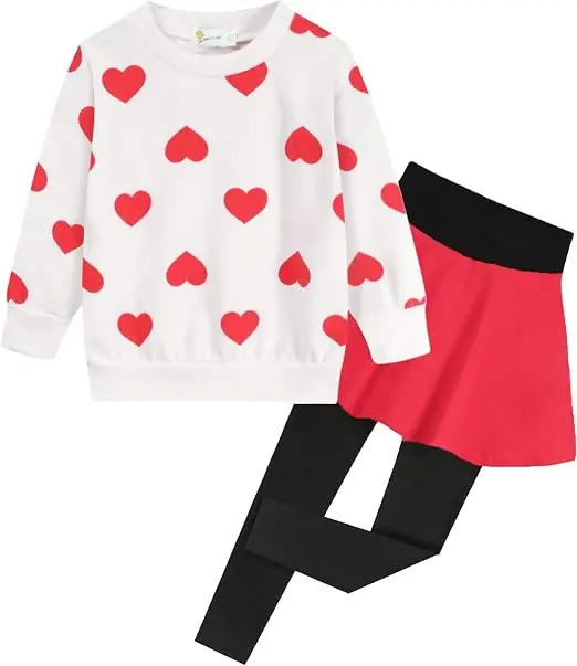 Little Hand Girls 2Pcs Outfit Set Cotton All‑Over Heart Long Sleeve Sweatshirt+Skirt Leggings Kids Casual Suit for Toddler 2‑10Y