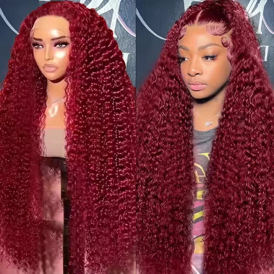 

200 Density Burgundy Curly 36 Inches 13x6 HD Lace Frontal Wig 99J Red Colored Deep Wave Human Hair Wigs For Women