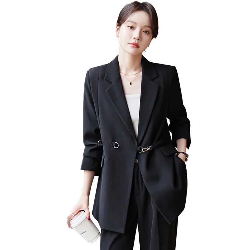 Women's Spring/Summer Plus Size Retro Casual Short Blazer Wide Leg Pants Set Commuter Metal Chain Belt Suit Pants Two Piece Set