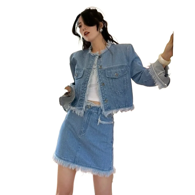 

Осенняя одежда Интернет-знаменитости, снижение возраста, мясо, повседневная модная фиолетовая джинсовая куртка с бахромой, костюм из двух предметов, юбка для женщин