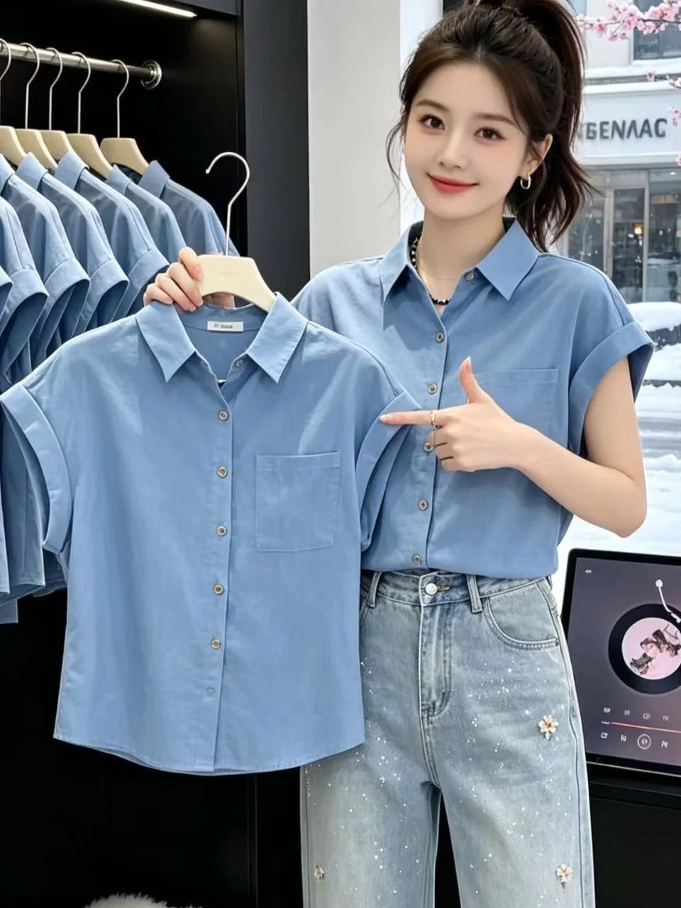 

French Style Loose Fit Short Sleeve Shirt Women's Summer Fashion Sensation Roll up Hem Chiffon Blouse Collar Pure Color