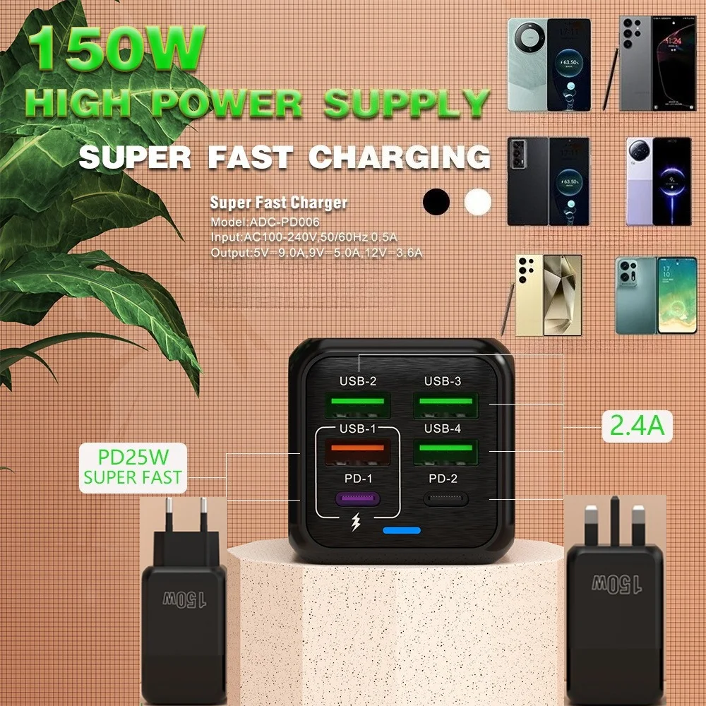 150W Super Fast Charger with Multi-Port & Support Desktop Power Adapter for Various Types of Mobile Electronic Product